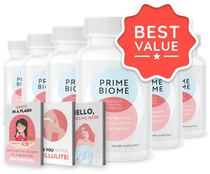 6 bottles of PrimeBiome plus 3 free bonus eBooks